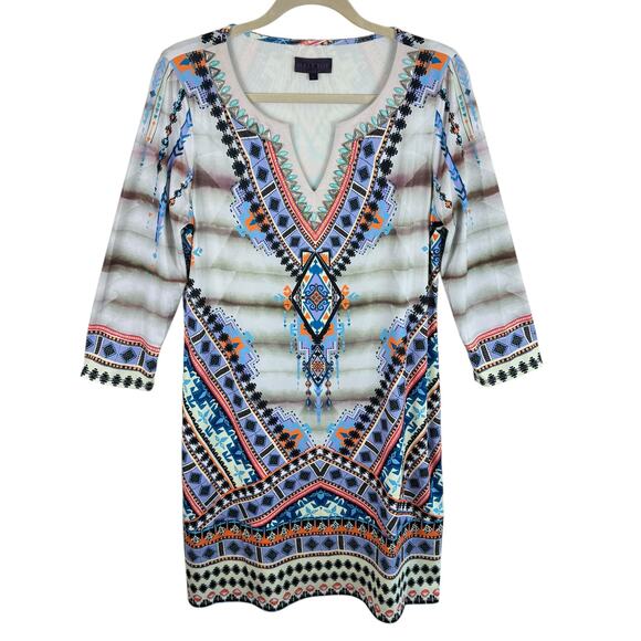 Hale Bob Colorful Aztec Beaded 3/4 Sleeve Stretchy Pullover Knee Length Dress L - Picture 2 of 8